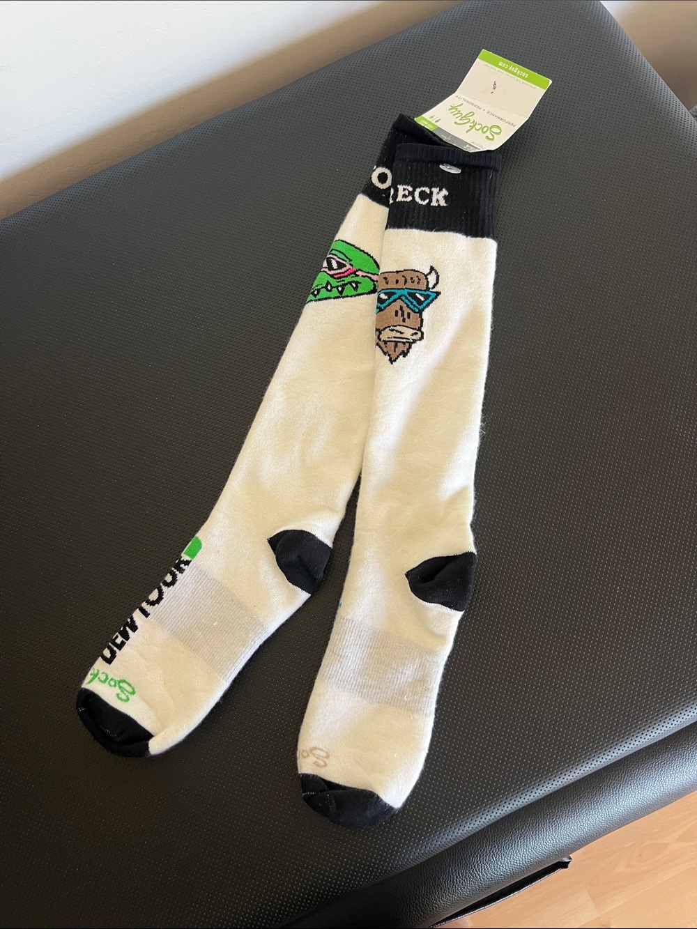 White Crew Socks with Black Accents and Novelty Character Graphic